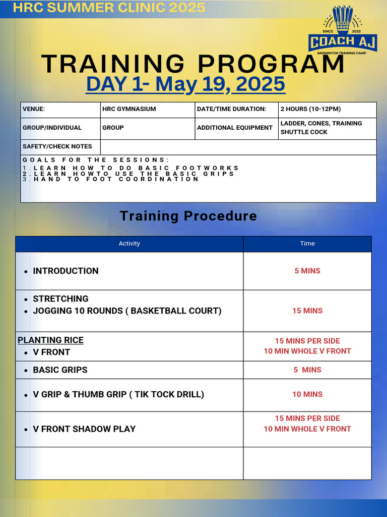 Summer Training Clinic 2025 Schedule | PDF
