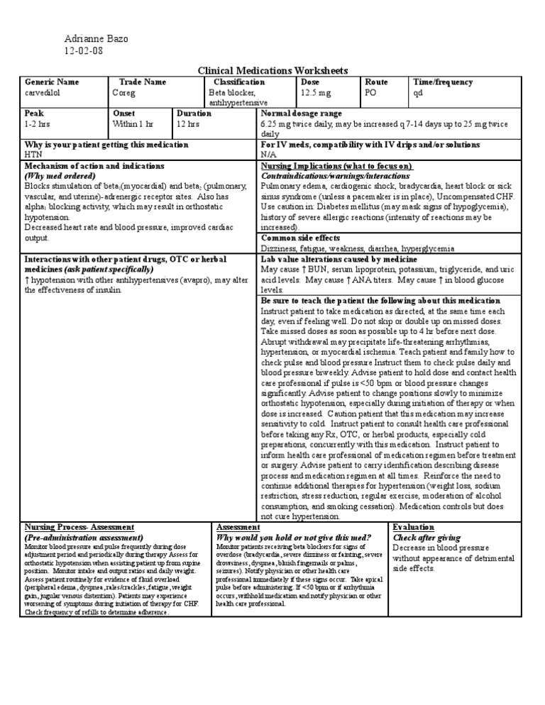 Coreg (Carvedilol) PDF Hypertension Blood Pressure
