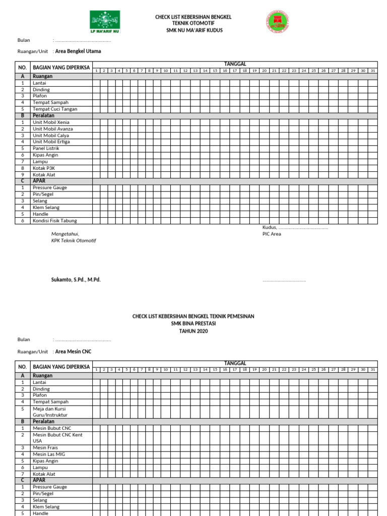 Check List Kebersihan Bengkel Tahun 2020 | PDF