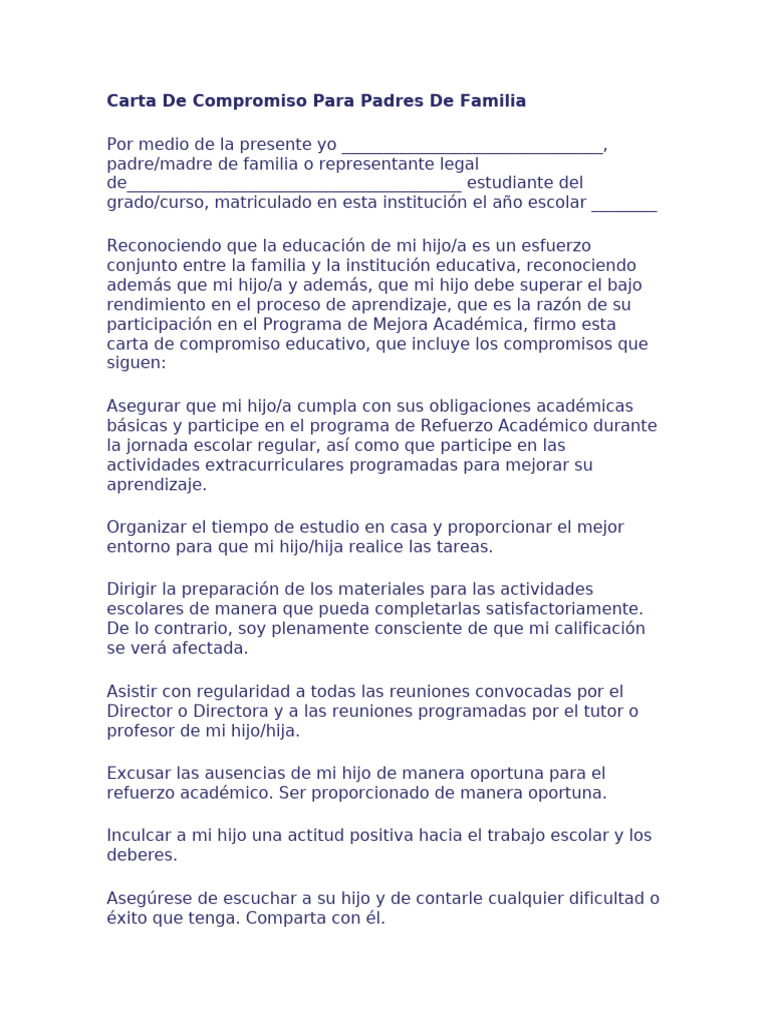 Carta de Compromiso para Padres | PDF | Medicina
