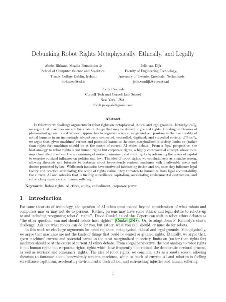 Debunking Robot Rights: Ethics & Law | PDF | Transhumanism | Artificial ...