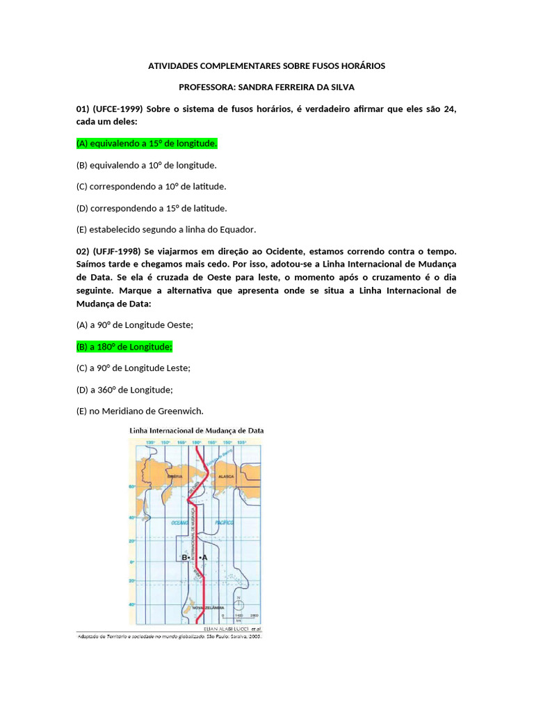 Atividades sobre Fusos Horários 6º e 7º Ano | PDF
