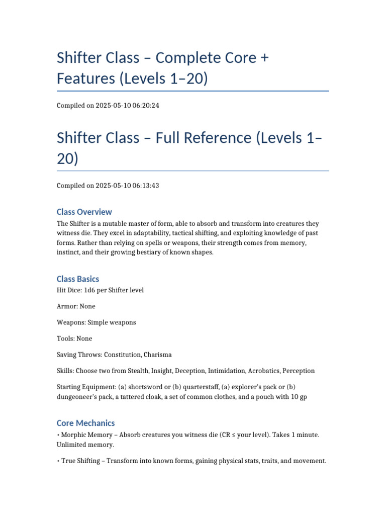 Shifter Class Features Overview (1-20) | PDF | Role Playing Games