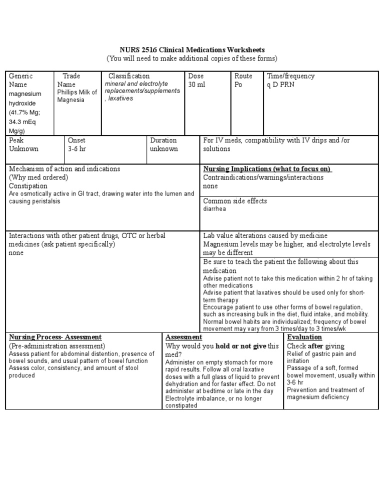 Drug Cards Milk of Magnesia Constipation Magnesium