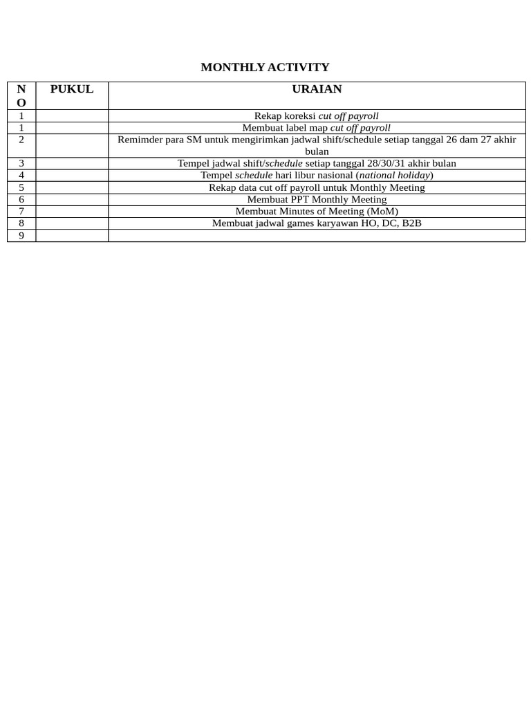 Time Table Monthly Activity - CNB | PDF