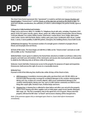 Short Term Rental Agreement