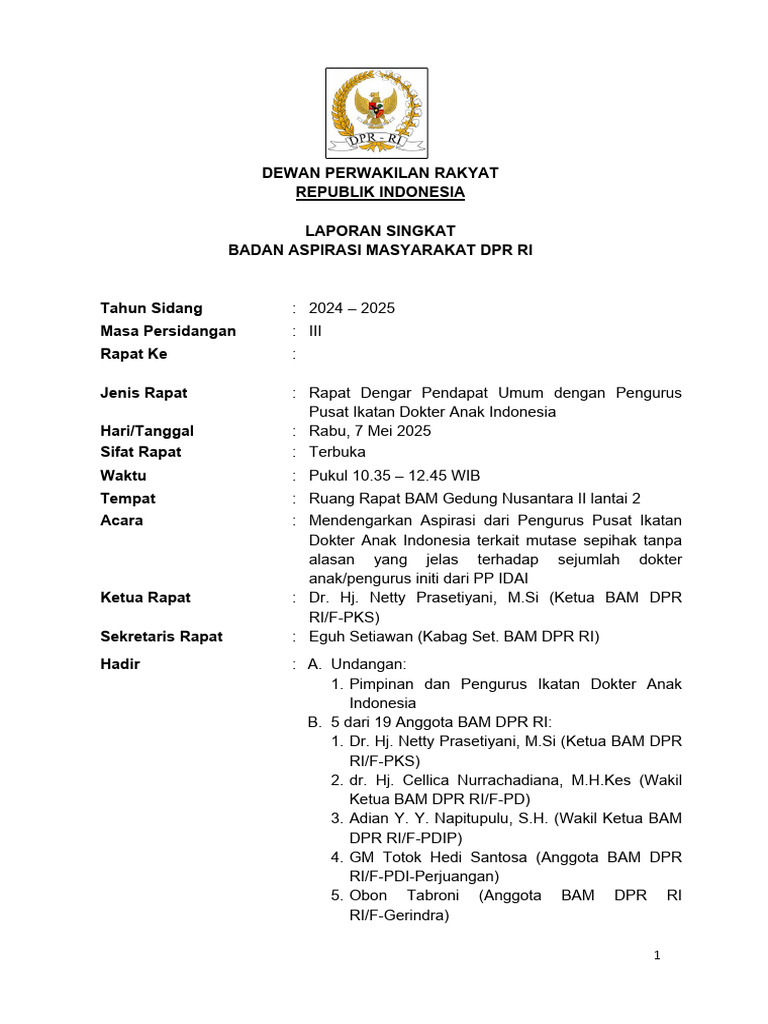 Laporan RDPU DPR RI dengan IDAI | PDF