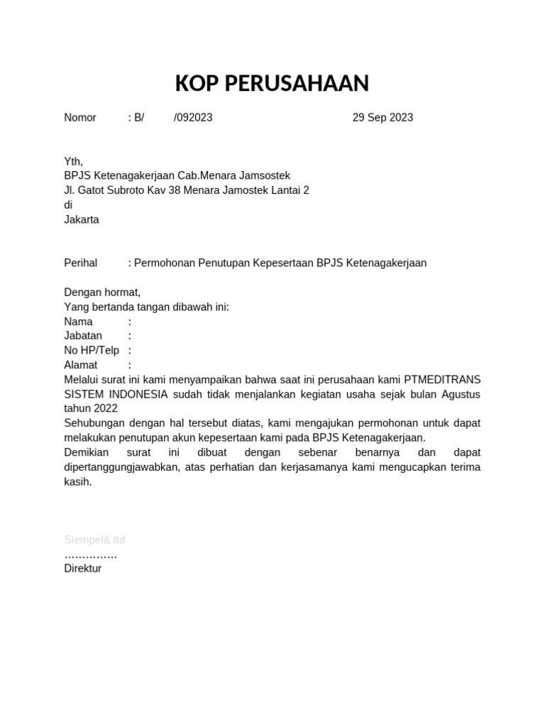 Permohonan Tutup BPJS Ketenagakerjaan | PDF