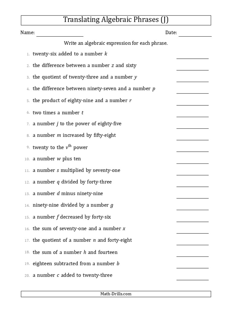 Algebraic Expressions Translation Guide | PDF | Mathematics | Algebra