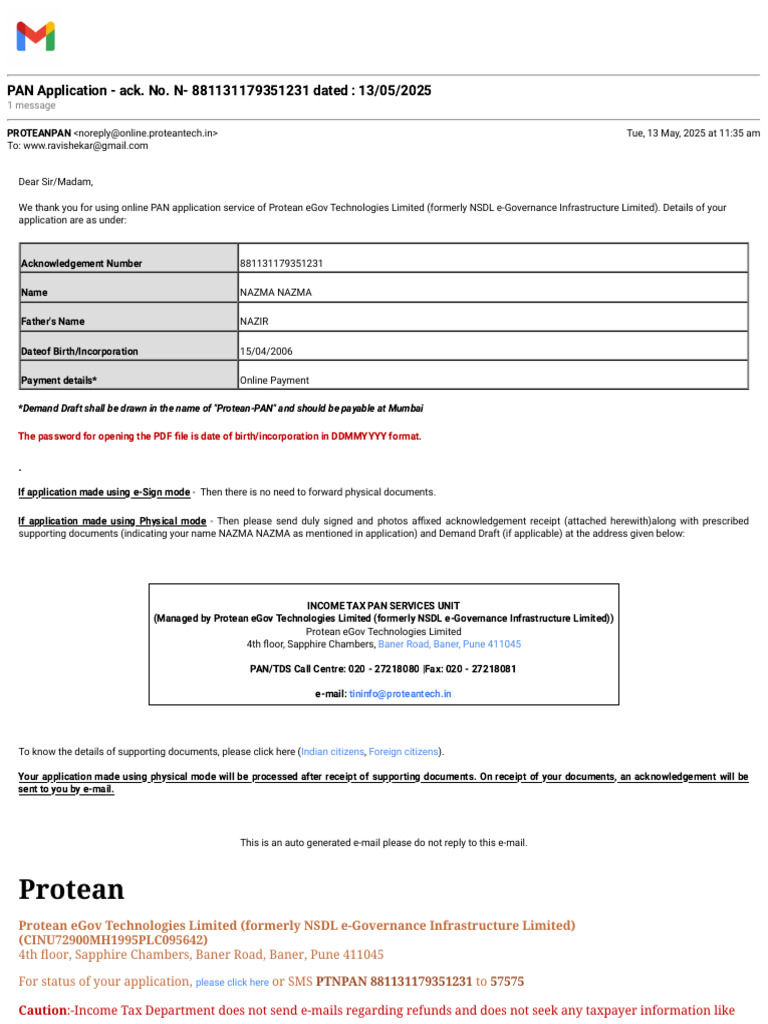 PAN Application Acknowledgement Notice | PDF | Payments | Taxes