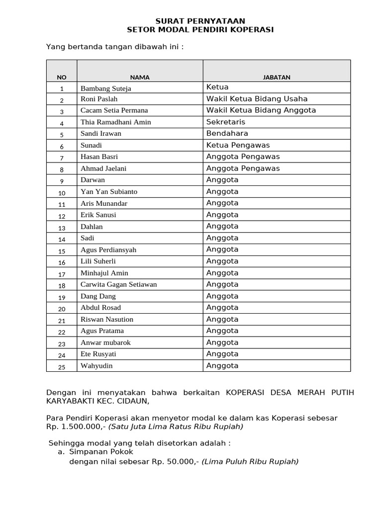 Surat Setoran Modal Koperasi Merah Putih | PDF