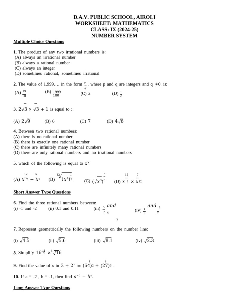 Class IX Maths Worksheet 2024-25 | PDF | Numbers | Rational Number