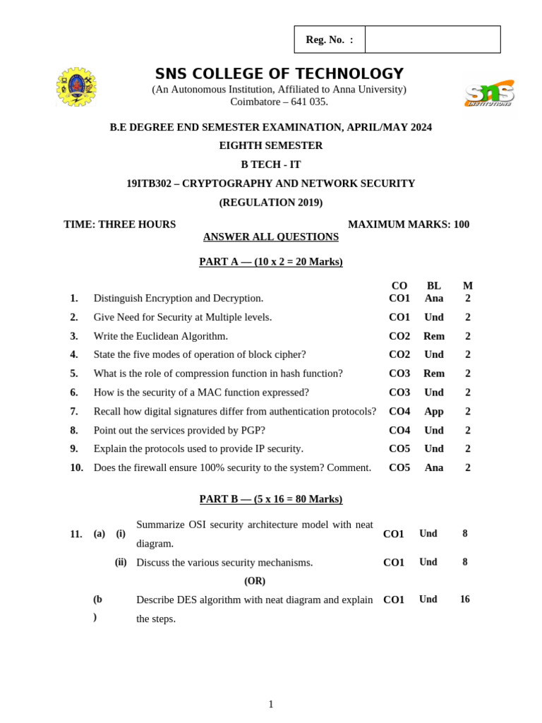 Cryptography and Network Security Exam 2024 | PDF | Encryption ...