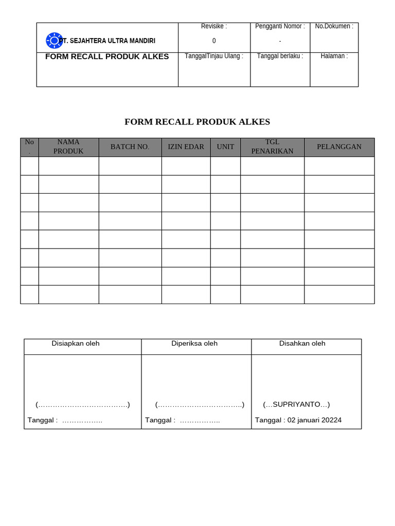 Form Recall Produk Alkes | PDF
