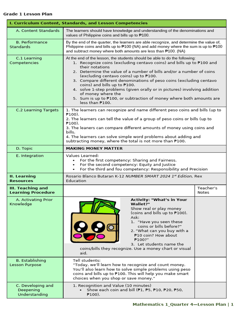 Grade 1 Money Counting Lesson Plan | PDF | Coins | Currency