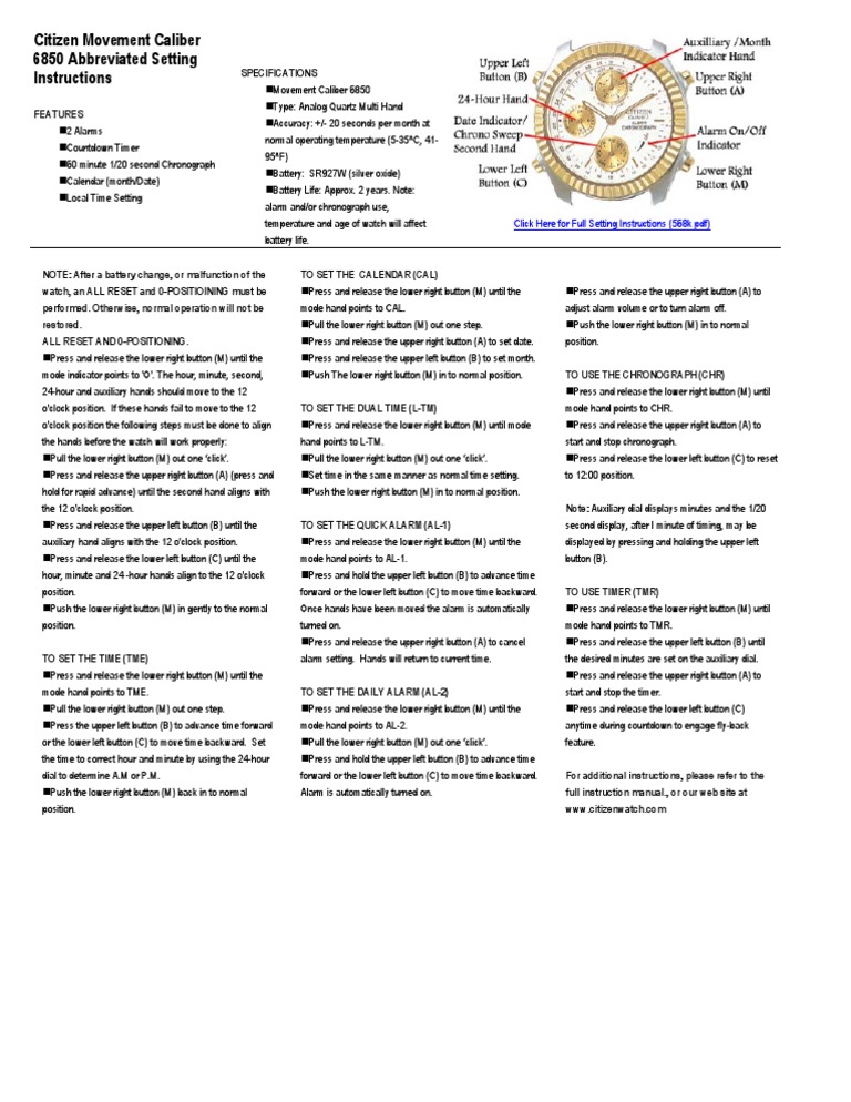 Citizen Caliber 6850 Watch Setting Instructions A Concise Guide to
