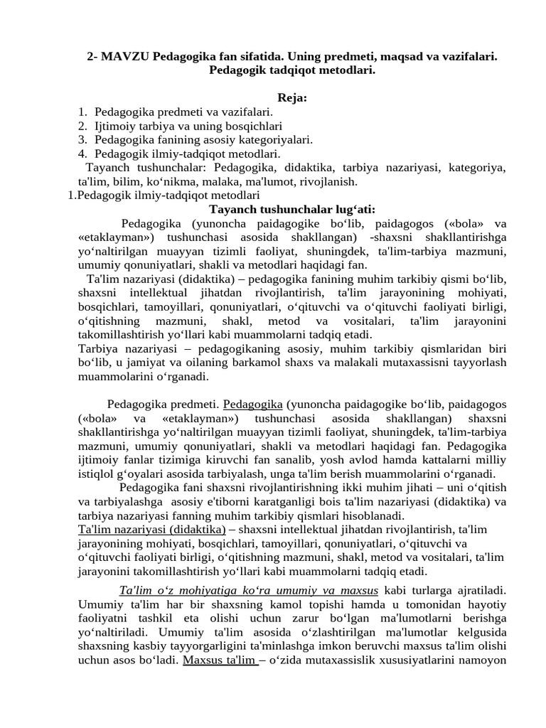 2 - Mavzu Pedagogika Fan Sifatida. Uning Predmeti, Maqsad Va Vazi | PDF