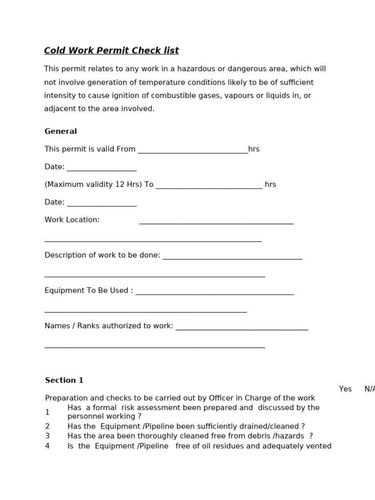 Cold Work Permit Checklist Guide | PDF | Gases