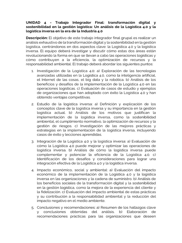 TP Integrador Final Log I Pautas de Elaboración | PDF | Logística ...