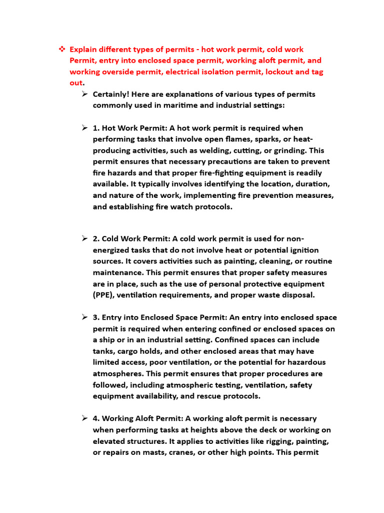 Types of Work Permits Explained | PDF | Safety | Occupational Safety ...
