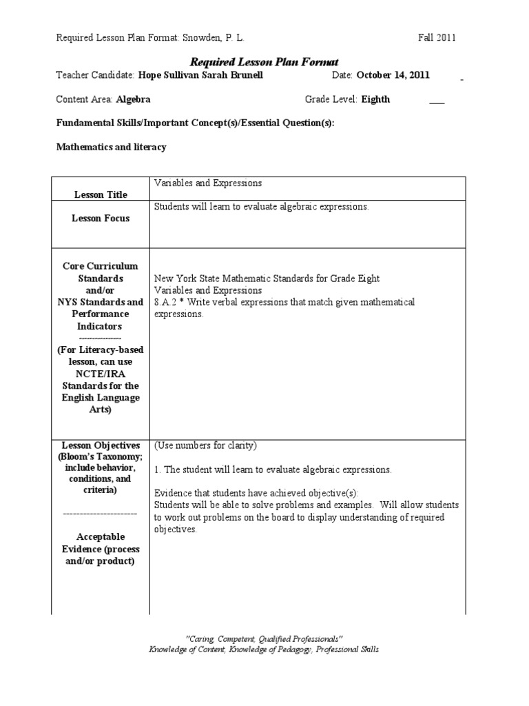 Lesson Plan One: Variables and Expressions | PDF | Lesson Plan ...