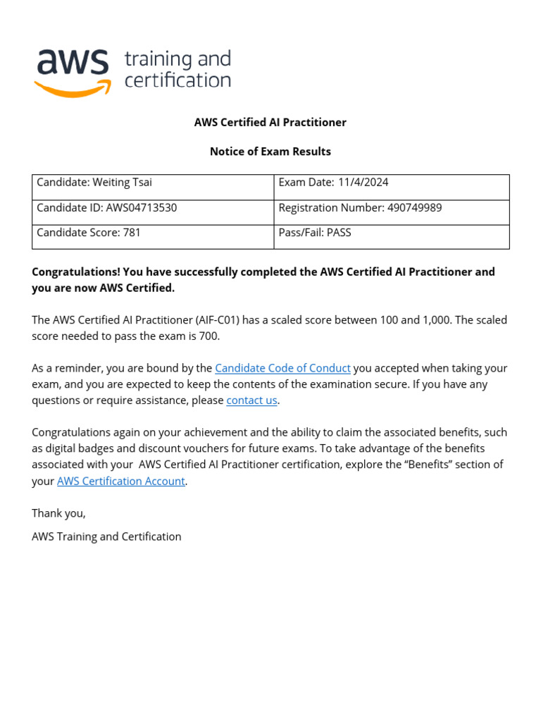 AWS AI Practitioner Exam Results: Pass | PDF | Artificial Intelligence ...