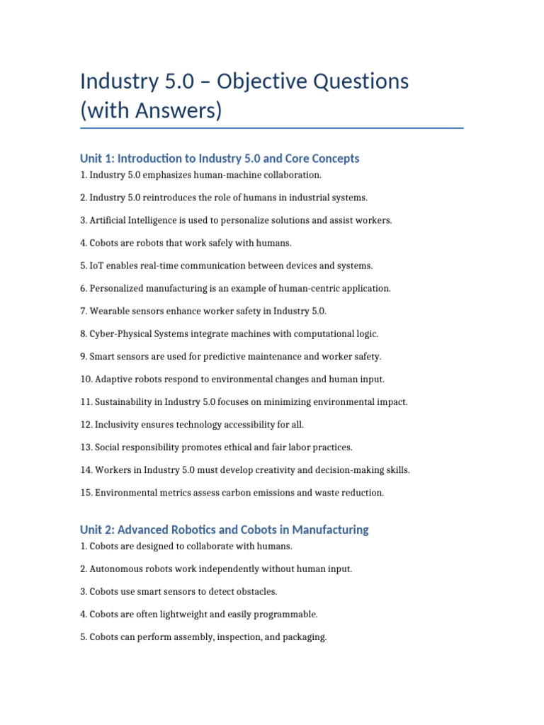 Industry 5.0 Objective Questions | PDF | Internet Of Things | Robot