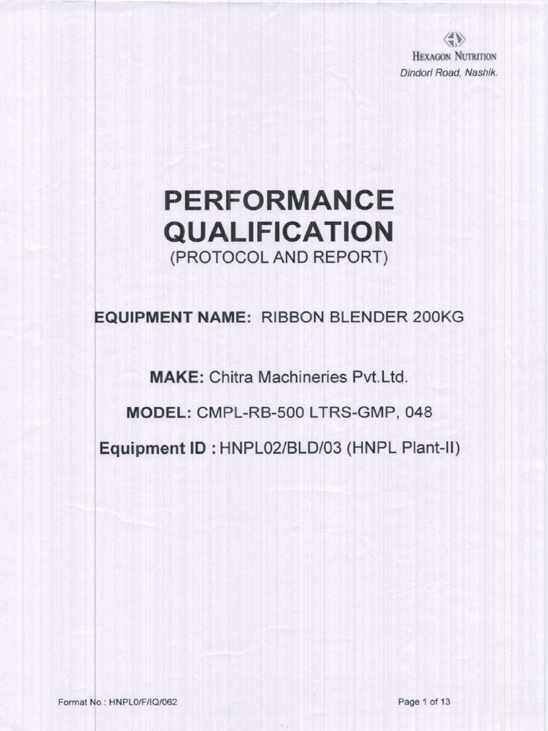 Ribbon Blender 200kg Performance Qualification | PDF | Verification And ...