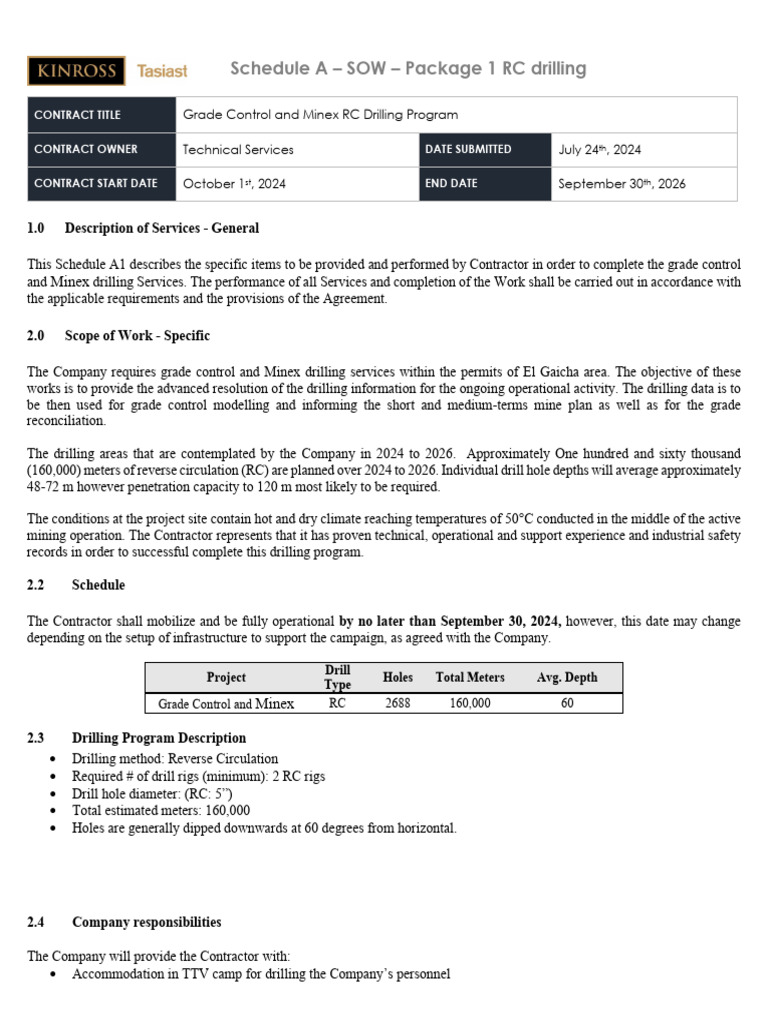 Grade Control RC Drilling Program SOW | PDF | Borehole | Drilling Rig