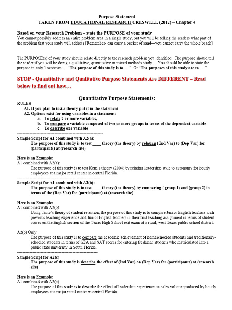 The Purpose Statement Handout Sep 19 2012 | PDF | Qualitative Research ...