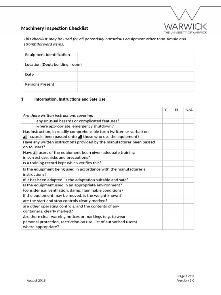 Machinery Safety Inspection Checklist | PDF | Safety | Occupational ...