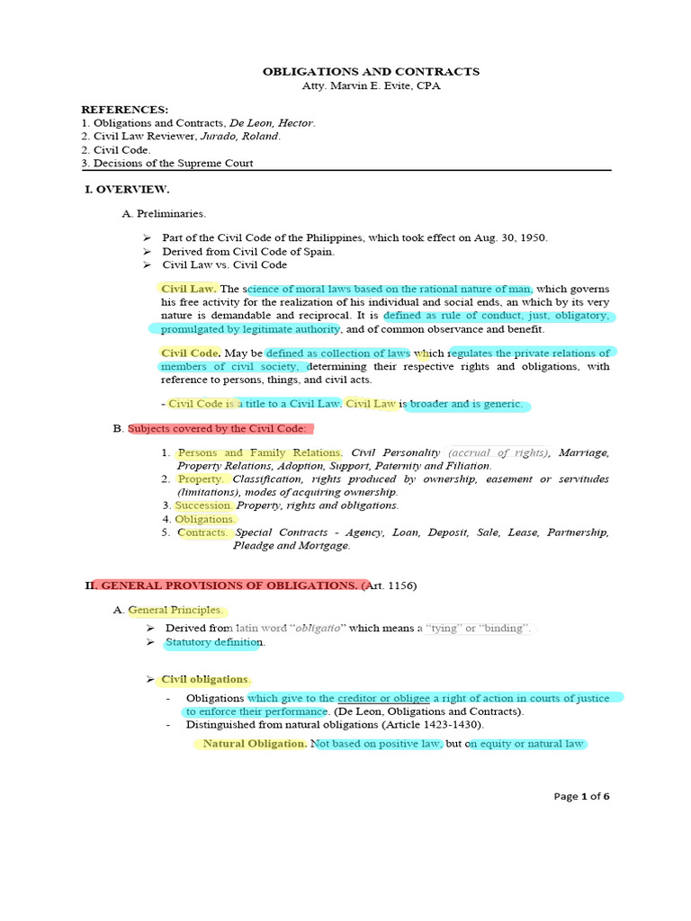 Overview of Obligations and Contracts | PDF | Law Of Obligations ...