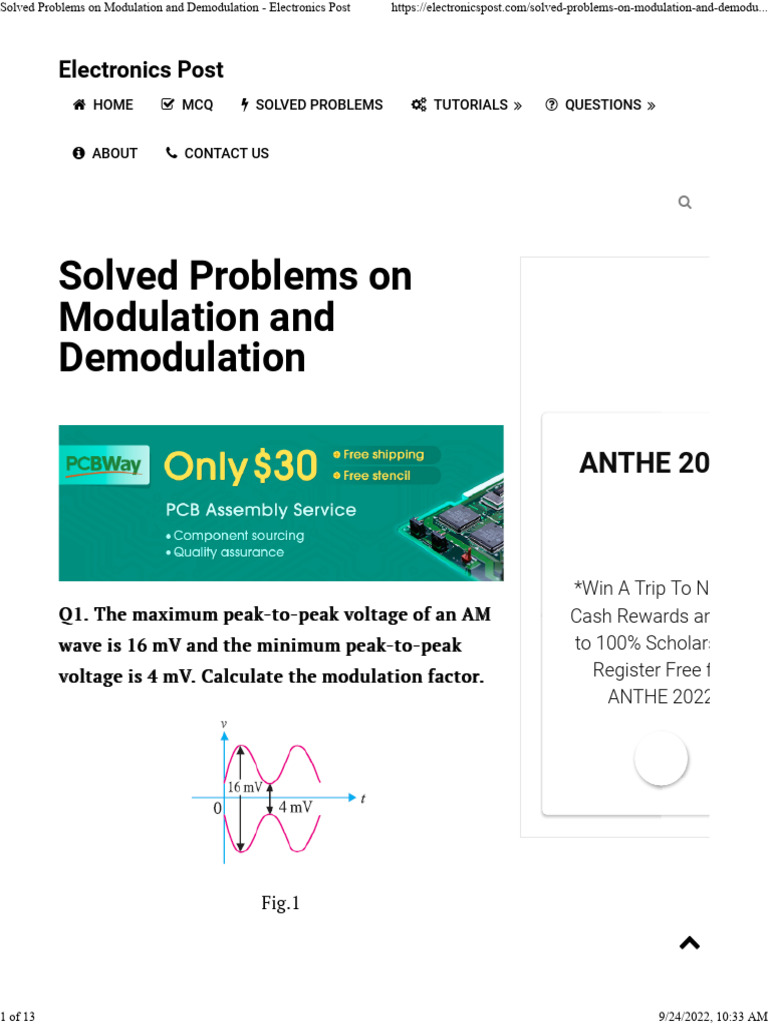Solved Problems on Modulation and Demodulation - Electronics Post | PDF ...