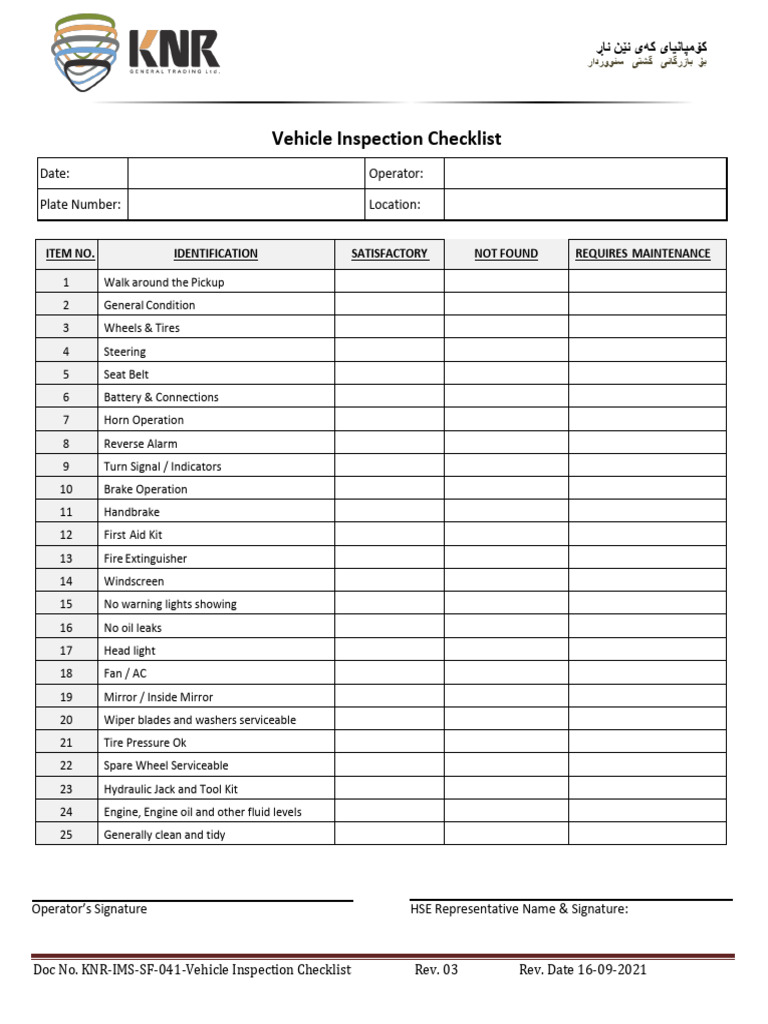 KNR-IMS-SF-041-Vehicle Inspection Checklist | PDF