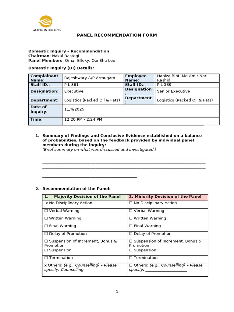 Domestic Inquiry Panel Recommendation | PDF