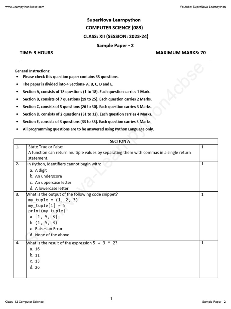 Python Programming Sample Paper 2023 | PDF | Parameter (Computer ...