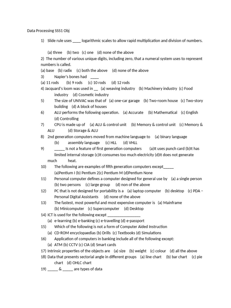 Data Processing Quiz for SSS1 Students | PDF | Personal Computers ...