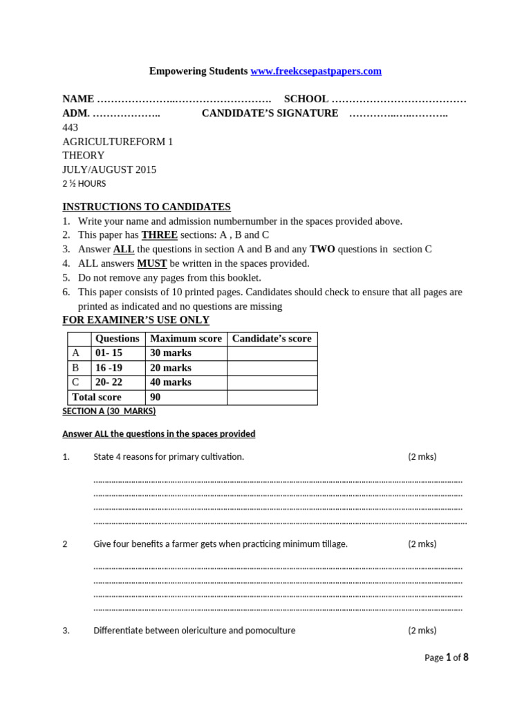Agriculture Form One Examq | PDF | Agriculture | Agricultural Science