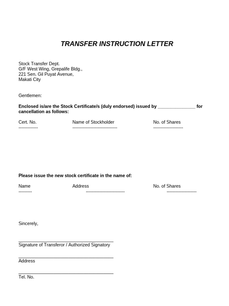 Stock Transfer Instruction Letter | PDF