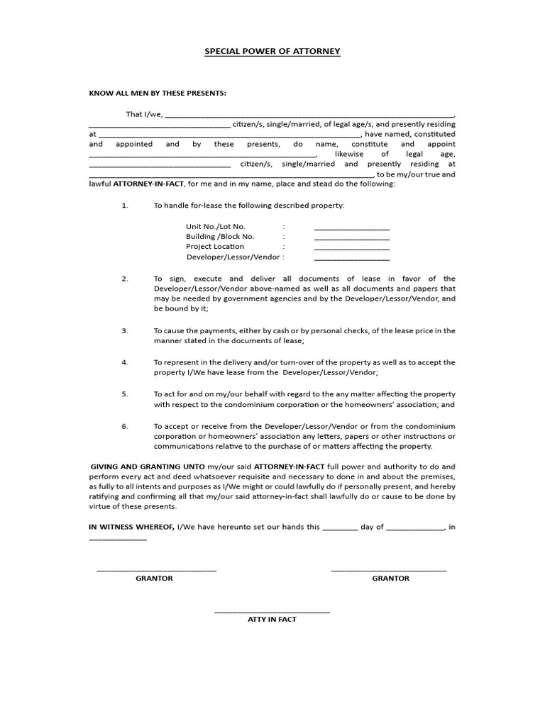 SPA FORM 1-6 Final 2 | PDF | Lease | Power Of Attorney