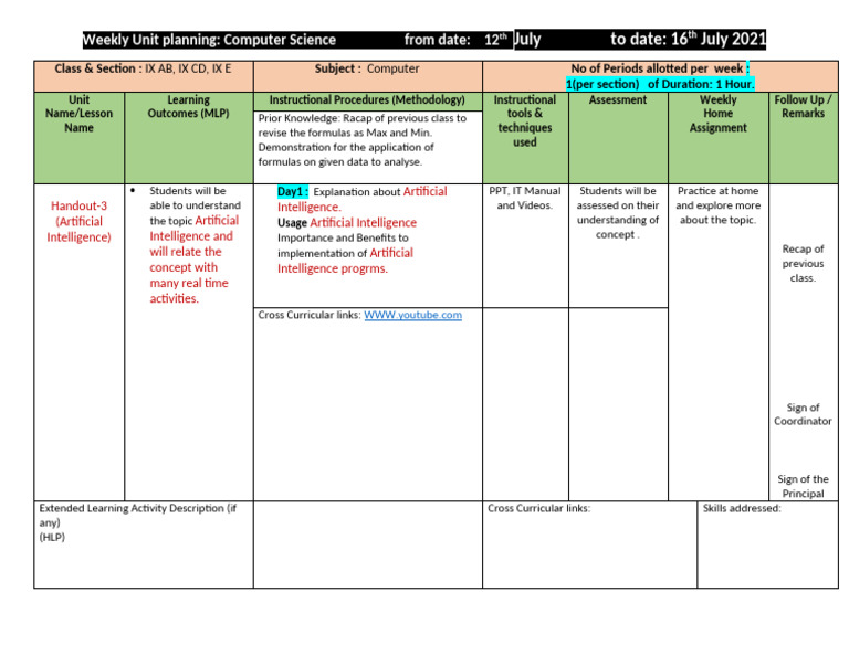 Weekly Unit Planning (Class IX) ARTIFICIAL INTELLIGENCE-1 | PDF ...