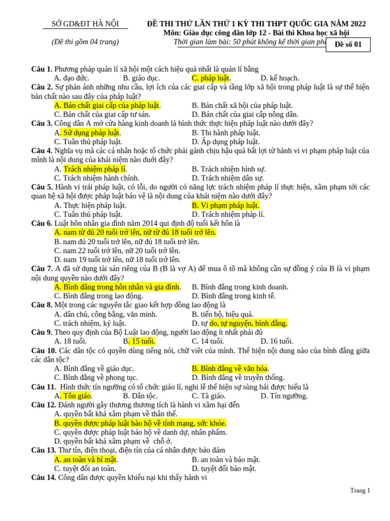 GDCD ĐỀ LUYỆN SỐ 1 | PDF