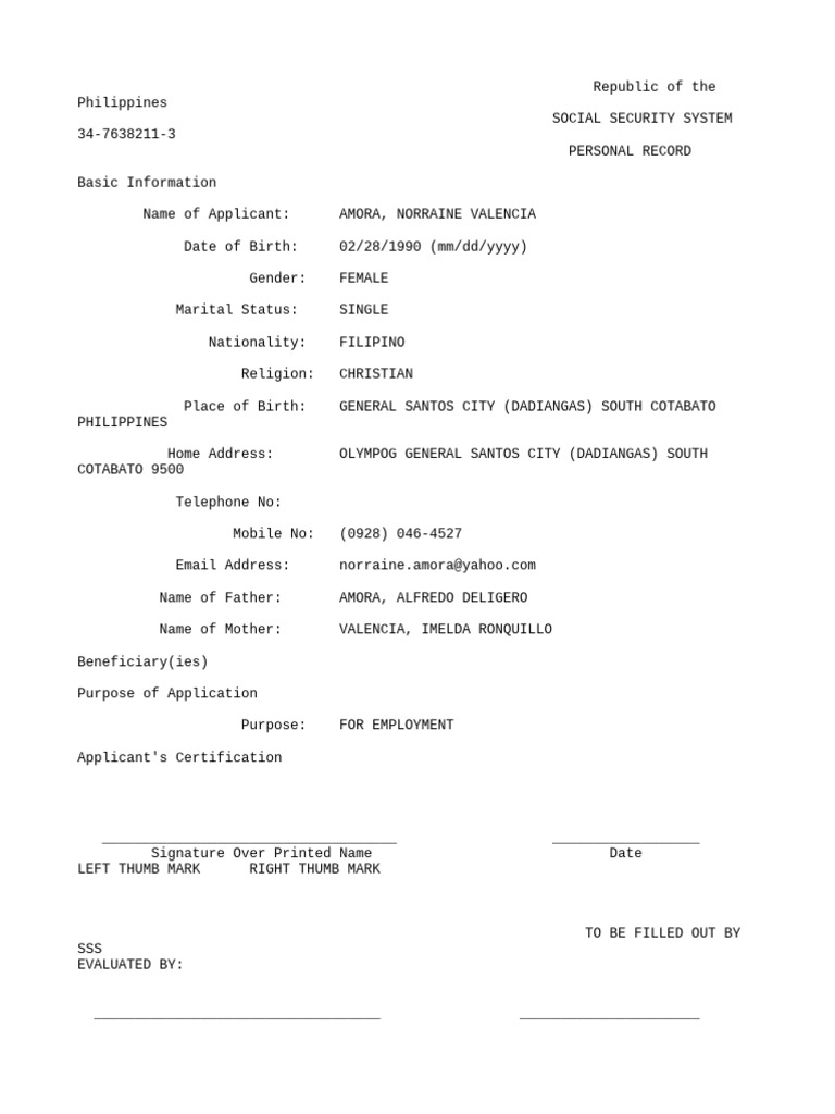 NOR SSS Personal Record 3476382113 PDF | PDF