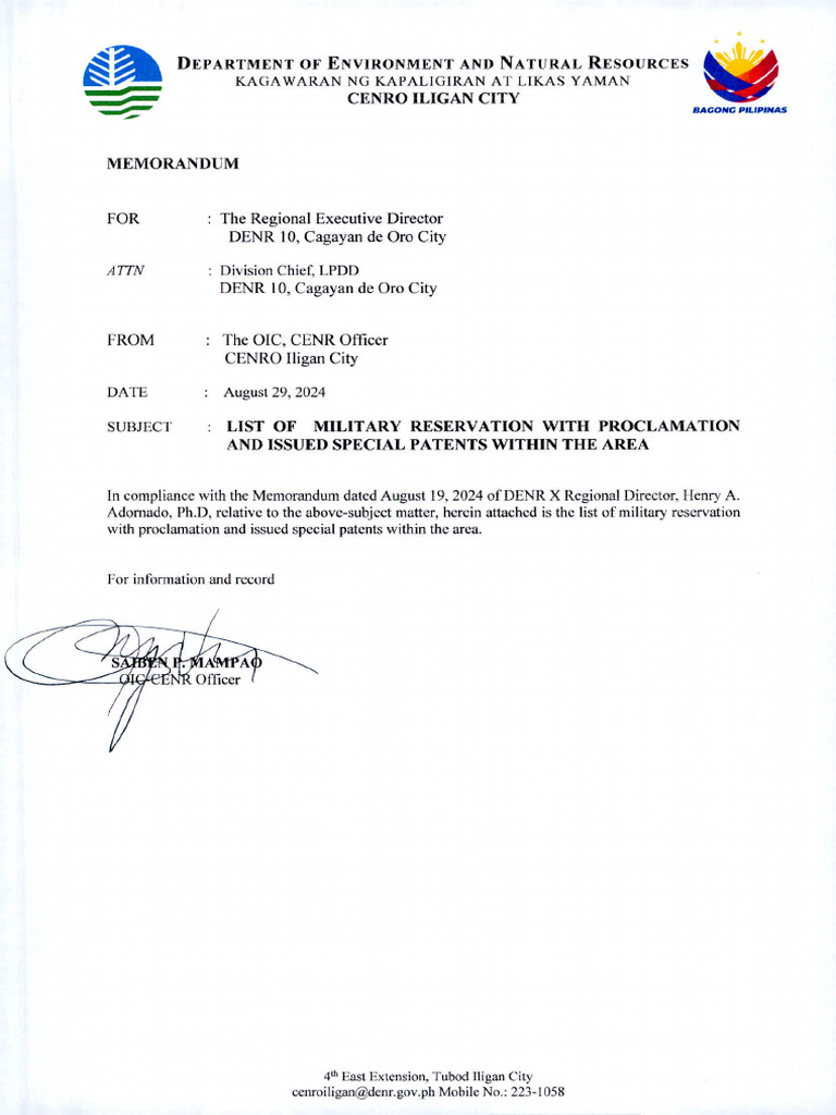 List of Military Reservation With Proclamation and Issued Special ...