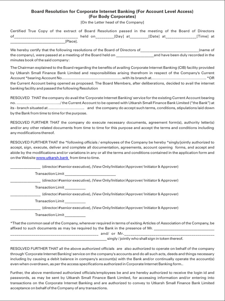 Board Resolution for Corporate Banking | PDF | Banks