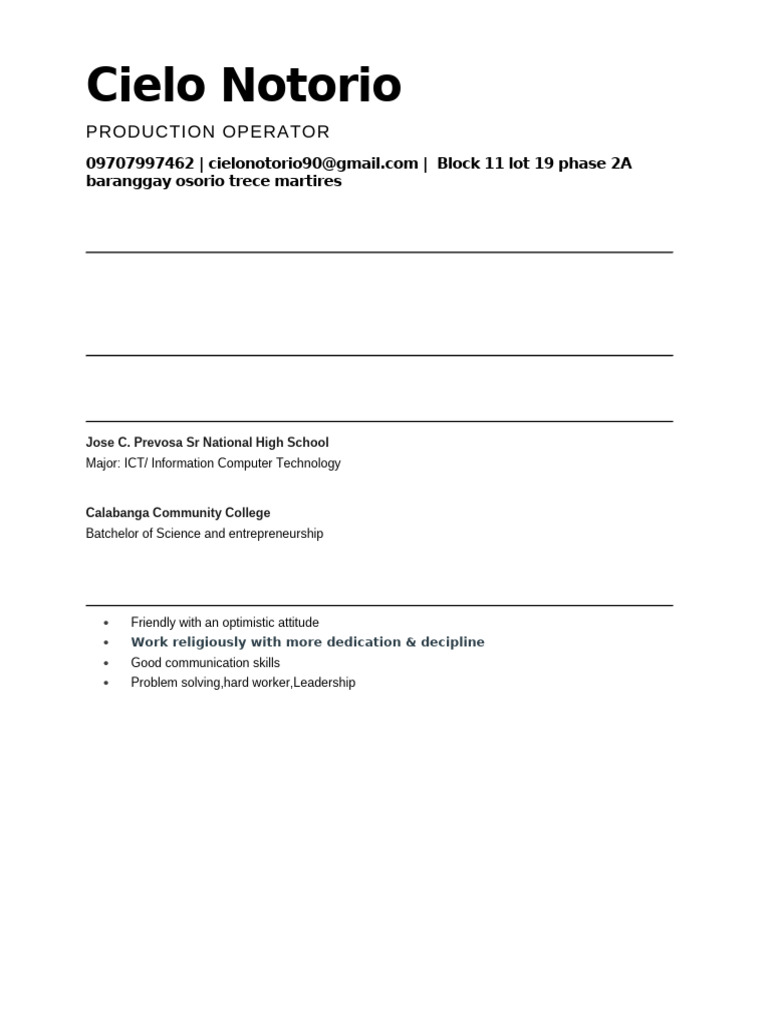 Cielo Notorio: Production Operator Profile | PDF