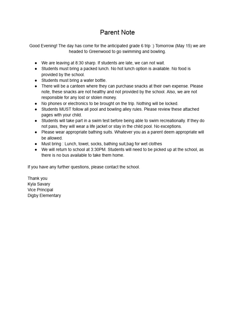 Grade 6 Trip Details: Swimming & Bowling | PDF
