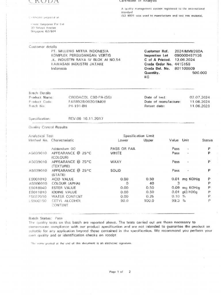 Cetyl Alkohol (Crodacol C90-PA) COA (Batch P4-191-BN) | PDF