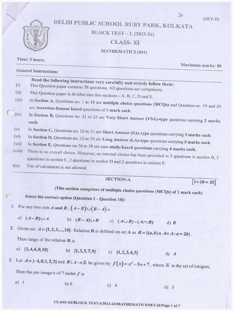 CL 11 Block Test 1 2023-24 Mathematics | PDF
