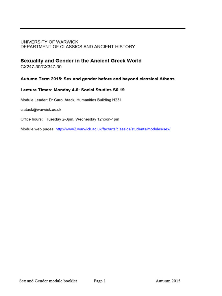 Sexuality and Gender in The Ancient Greek World: University of Warwick ...